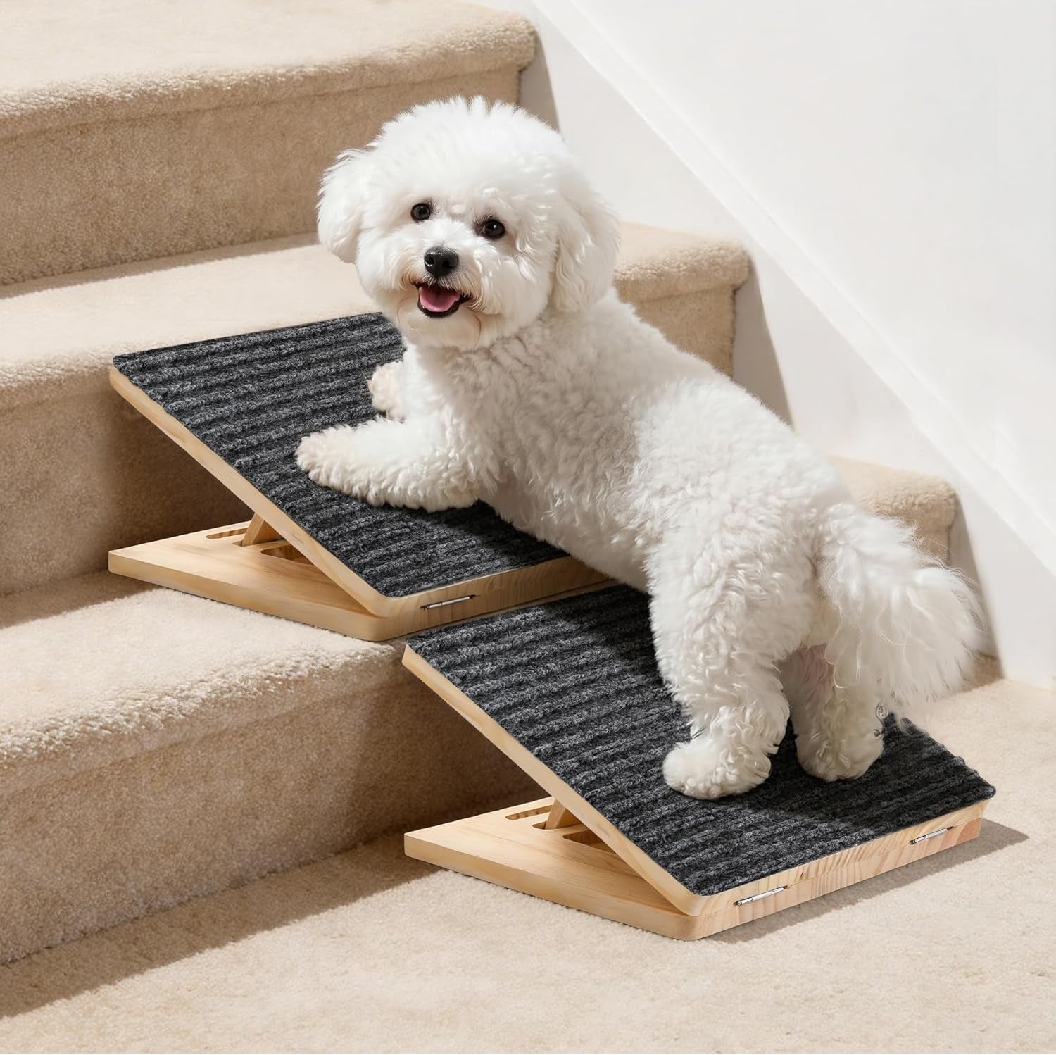 Dog Ramp for Stairs 2 Pack - Adjustable Wooden Stair Wedges for Small Dogs, Foldable Indoor Dog Stair Ramp with Triangular Support and Non-Slip Pads for Senior and Short-Legged Pets