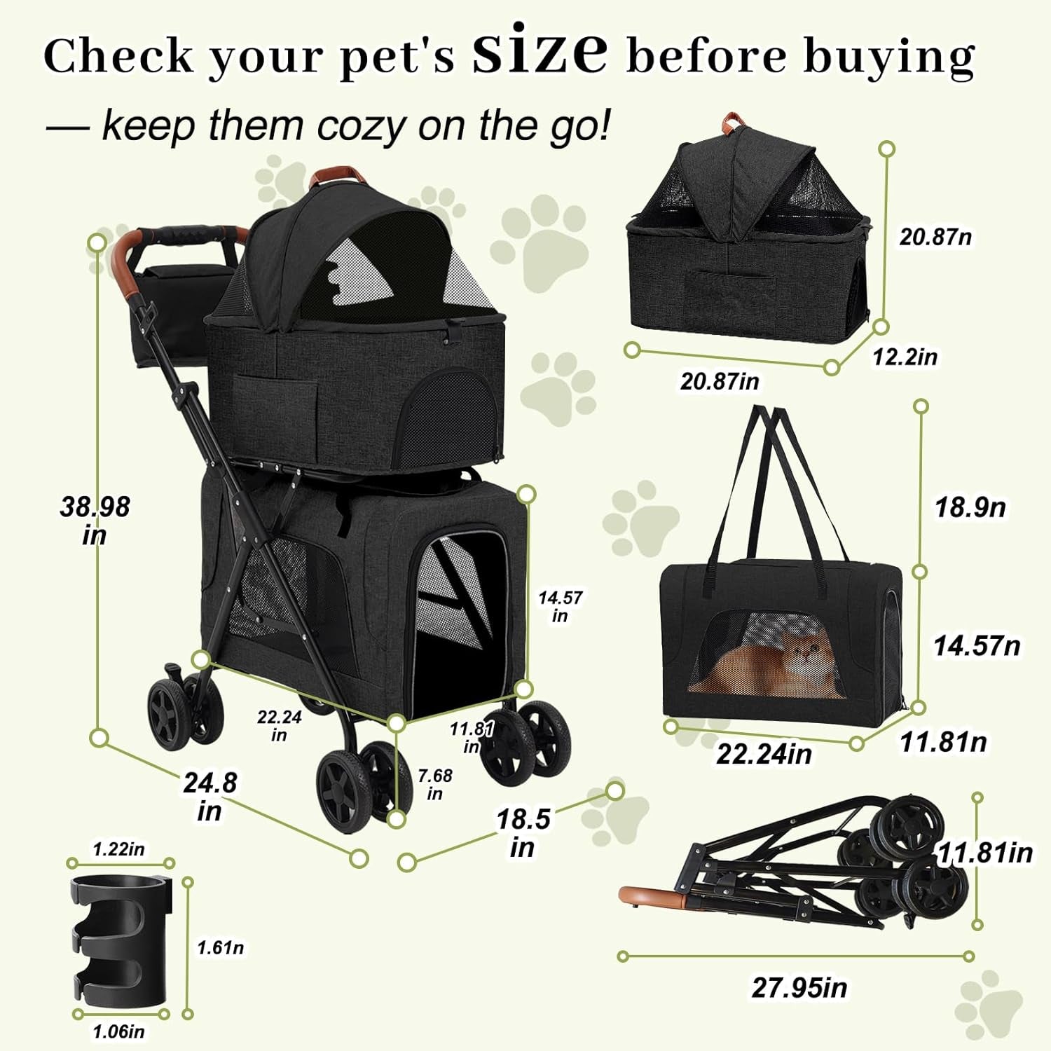 Pet Stroller for Dogs and Cats, 4 in 1 Cat Strollers for 2 Cats, Foldable Dog Stroller for Medium Dogs 20 Lbs with Cup Holder and Storage Bag, Suitable for All-Terrain, Dog Gifts