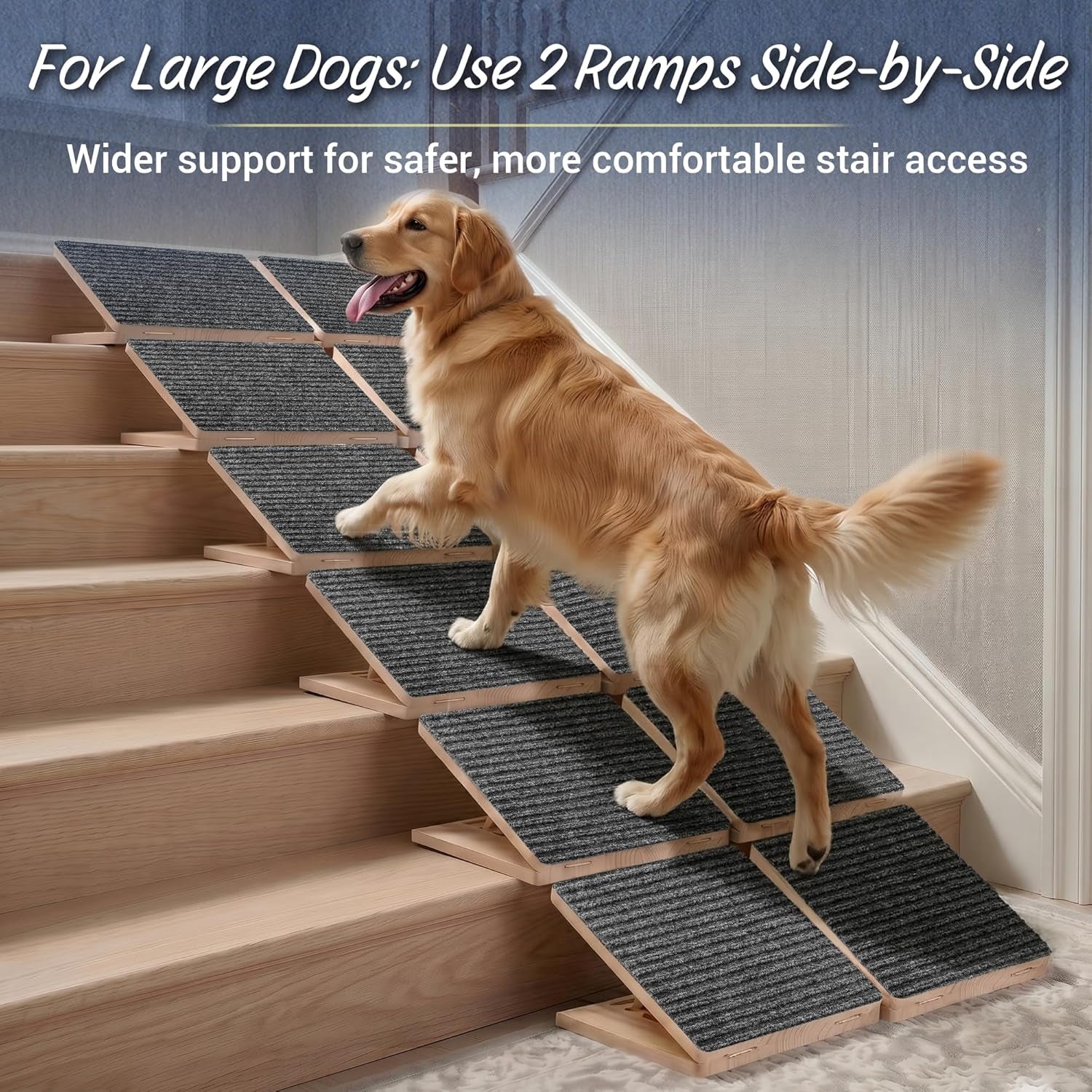 Dog Ramp for Stairs 2 Pack - Adjustable Wooden Stair Wedges for Small Dogs, Foldable Indoor Dog Stair Ramp with Triangular Support and Non-Slip Pads for Senior and Short-Legged Pets