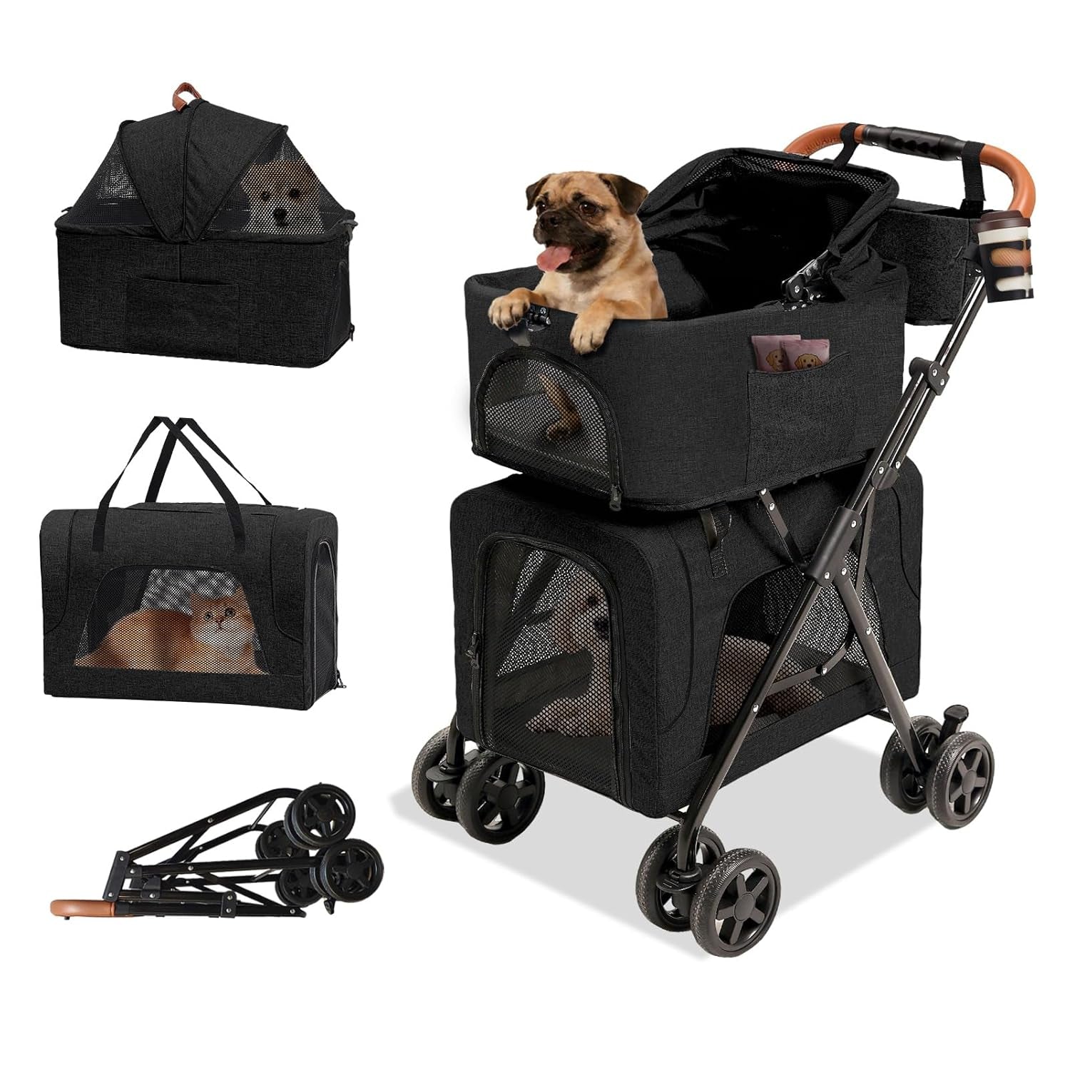 Pet Stroller for Dogs and Cats, 4 in 1 Cat Strollers for 2 Cats, Foldable Dog Stroller for Medium Dogs 20 Lbs with Cup Holder and Storage Bag, Suitable for All-Terrain, Dog Gifts