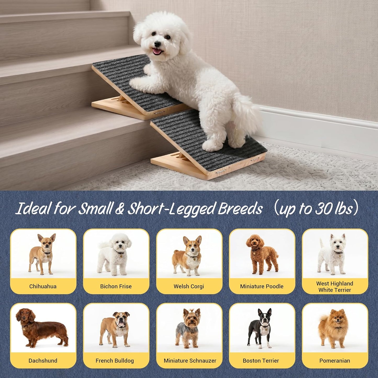 Dog Ramp for Stairs 2 Pack - Adjustable Wooden Stair Wedges for Small Dogs, Foldable Indoor Dog Stair Ramp with Triangular Support and Non-Slip Pads for Senior and Short-Legged Pets