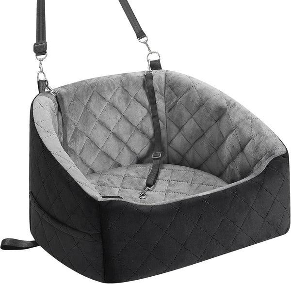 Dog Car Seat for Small Dogs up to 30 Lbs, Pet Travel Safety Bed for Puppy Cat, Fits in Front/Back Seat, anti Slip Base, Fully Detachable Washable with 2 Safety Tether(Grey-Black)