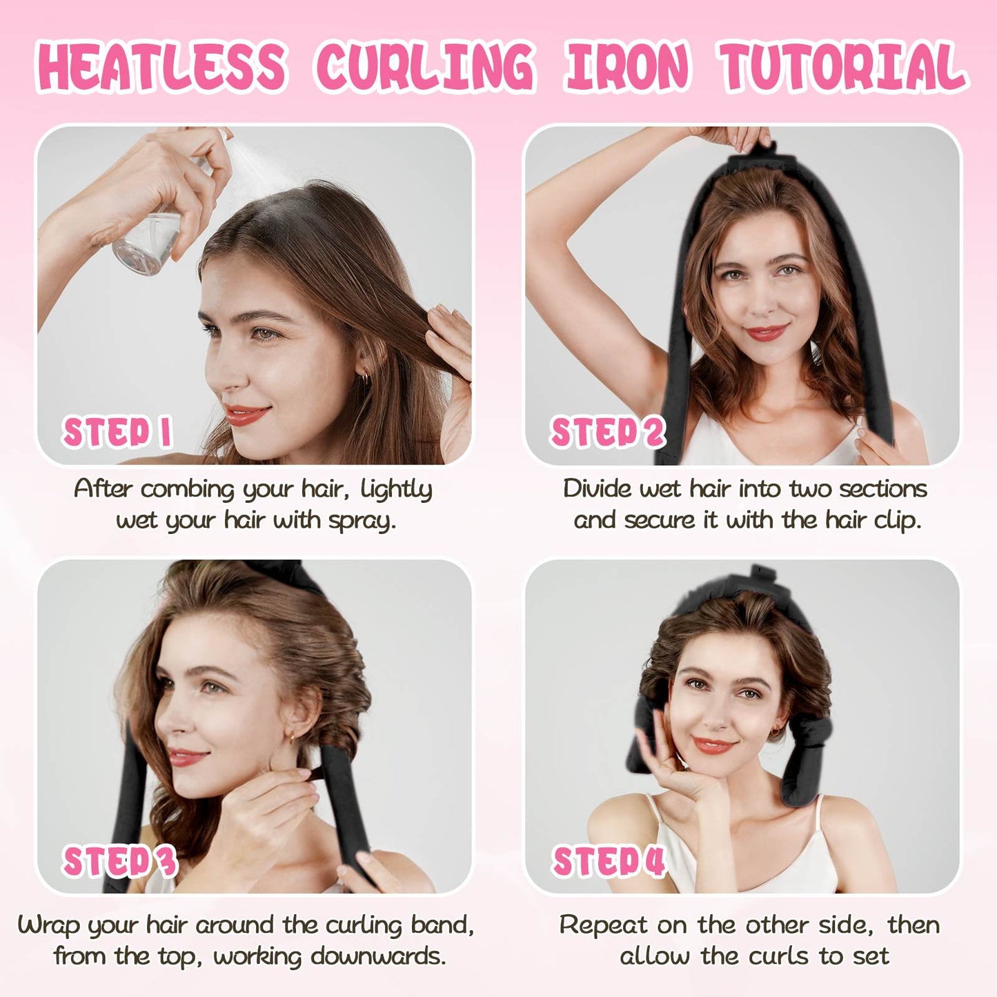 Professional Ribbon Hair Rollers, 5 Piece Set, Heatless Curling Set, Black