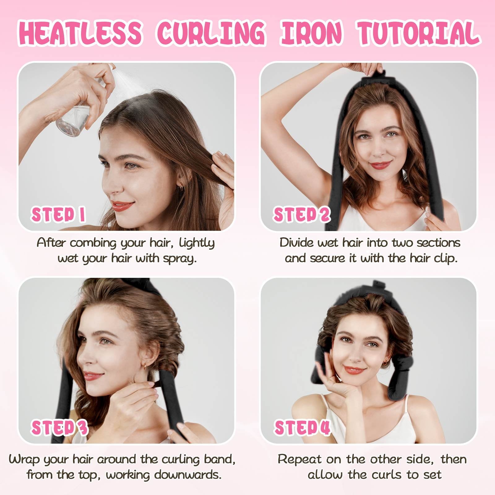 Professional Ribbon Hair Rollers, 5 Piece Set, Heatless Curling Set, Black