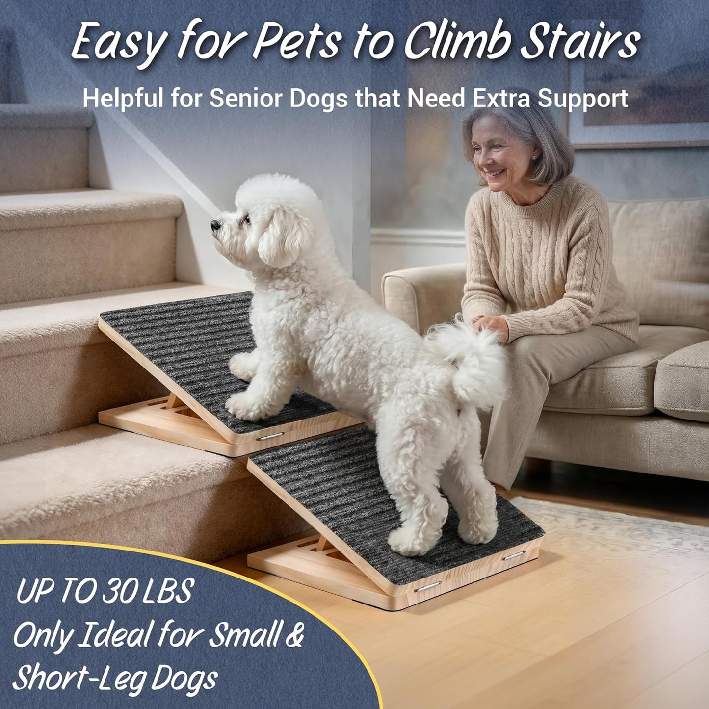 Dog Ramp for Stairs 2 Pack - Adjustable Wooden Stair Wedges for Small Dogs, Foldable Indoor Dog Stair Ramp with Triangular Support and Non-Slip Pads for Senior and Short-Legged Pets