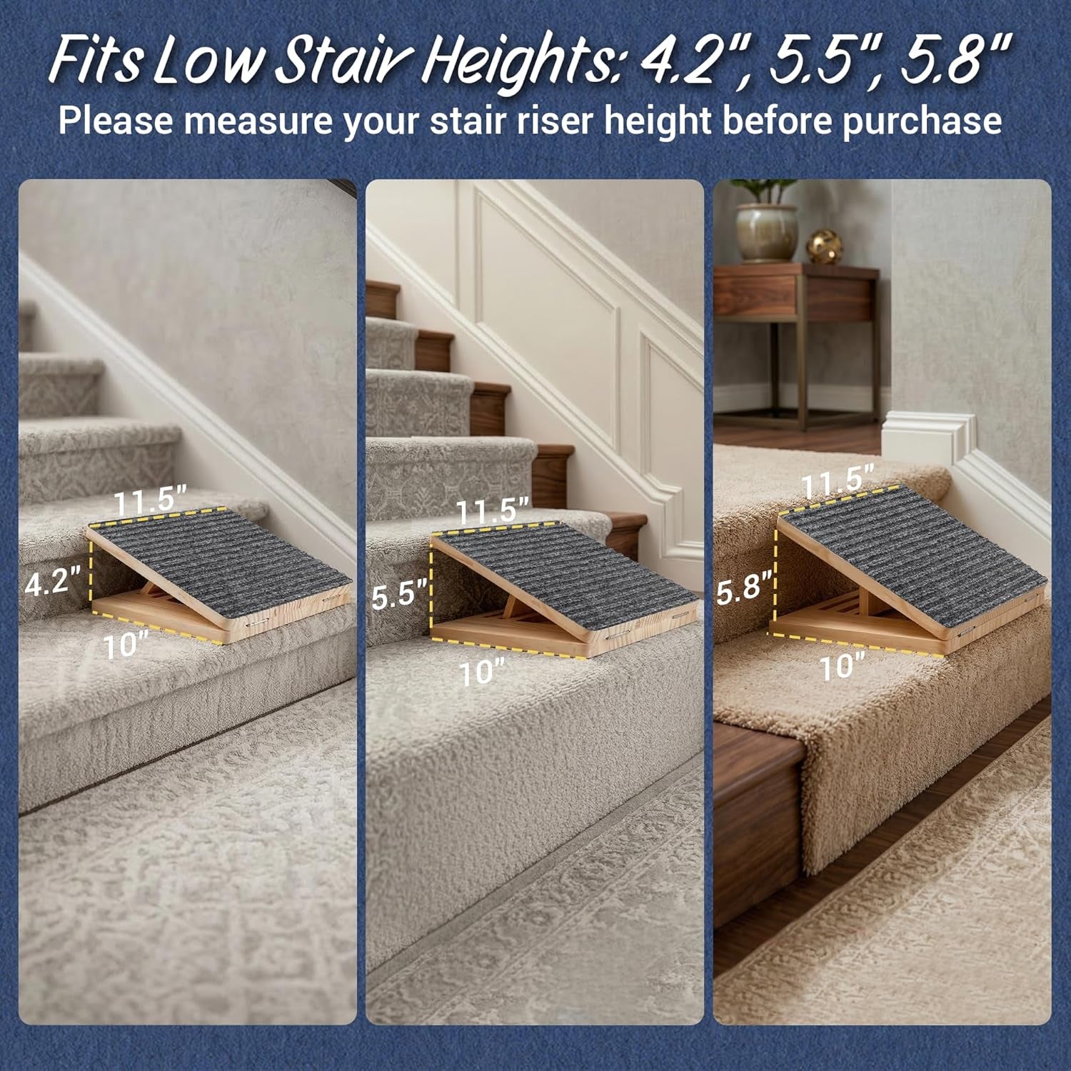 Dog Ramp for Stairs 2 Pack - Adjustable Wooden Stair Wedges for Small Dogs, Foldable Indoor Dog Stair Ramp with Triangular Support and Non-Slip Pads for Senior and Short-Legged Pets