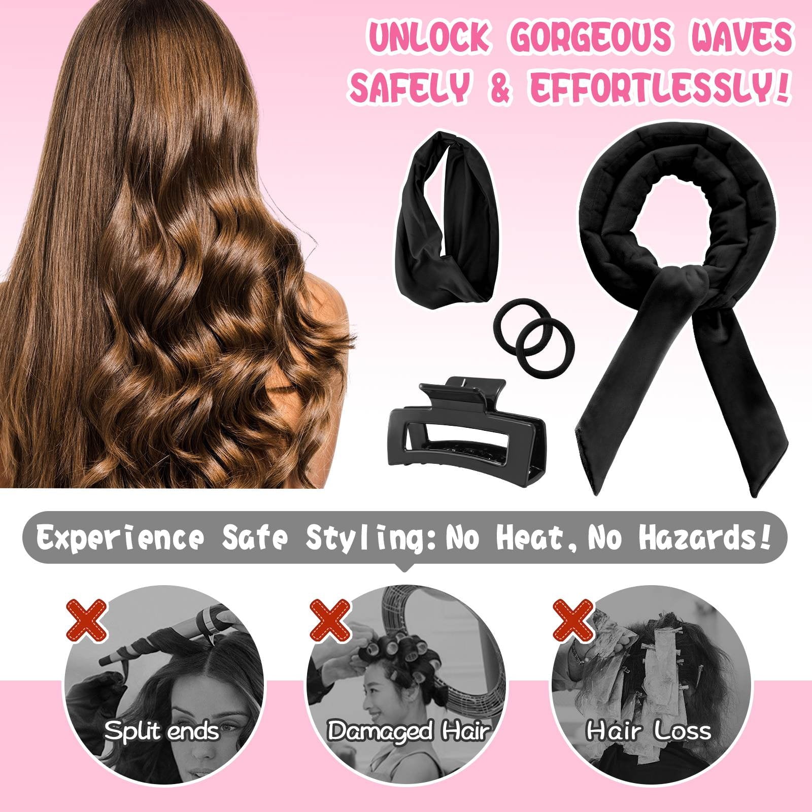Professional Ribbon Hair Rollers, 5 Piece Set, Heatless Curling Set, Black