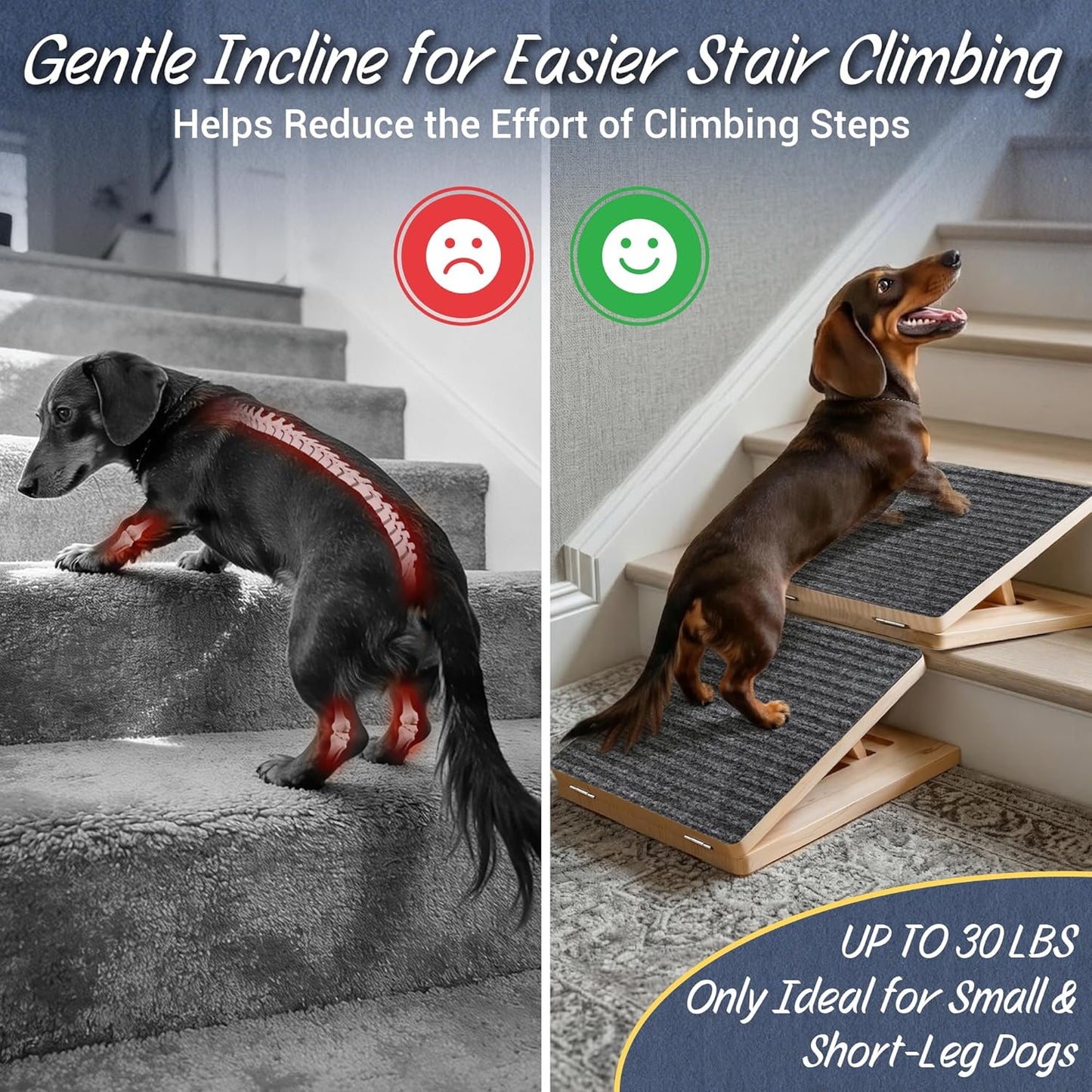 Dog Ramp for Stairs 2 Pack - Adjustable Wooden Stair Wedges for Small Dogs, Foldable Indoor Dog Stair Ramp with Triangular Support and Non-Slip Pads for Senior and Short-Legged Pets