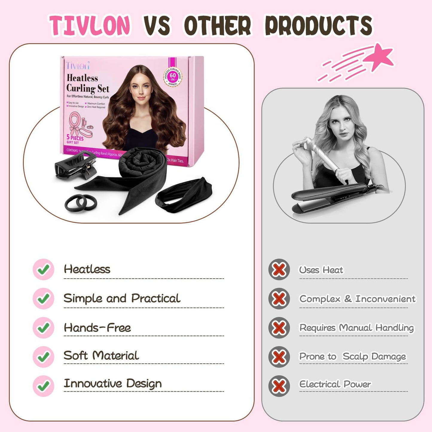 Professional Ribbon Hair Rollers, 5 Piece Set, Heatless Curling Set, Black