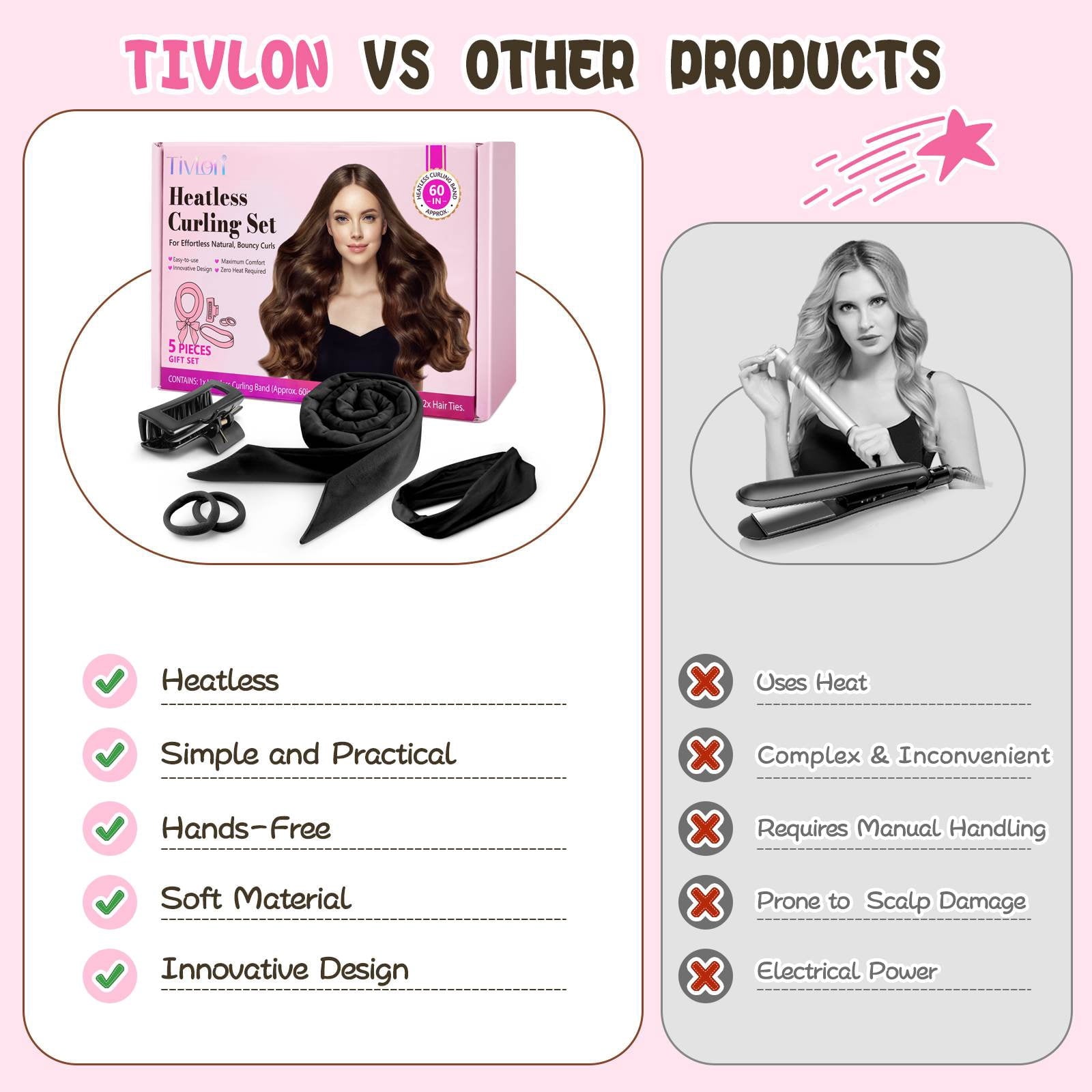 Professional Ribbon Hair Rollers, 5 Piece Set, Heatless Curling Set, Black