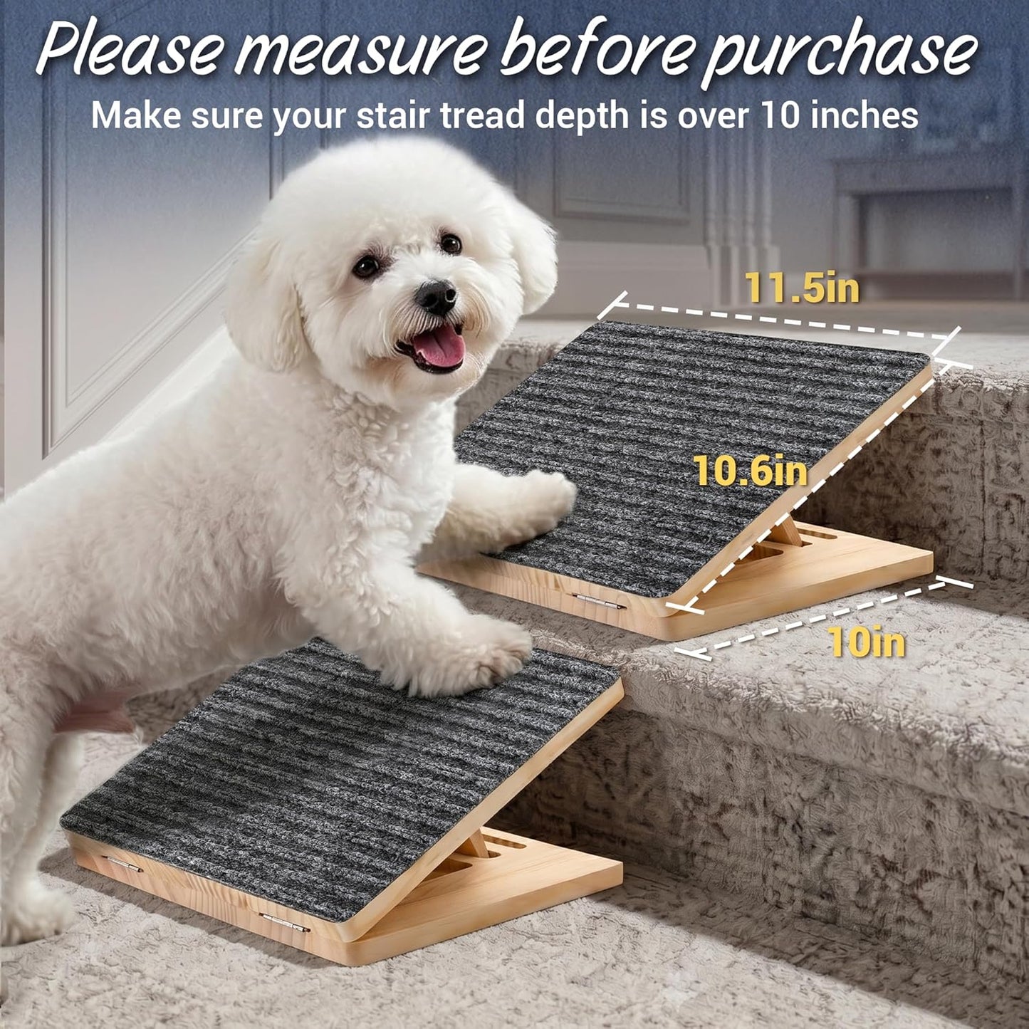 Dog Ramp for Stairs 2 Pack - Adjustable Wooden Stair Wedges for Small Dogs, Foldable Indoor Dog Stair Ramp with Triangular Support and Non-Slip Pads for Senior and Short-Legged Pets